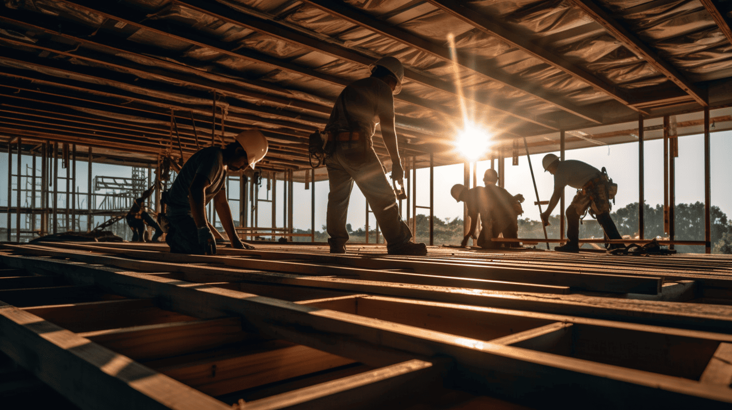 Professional construction workers actively working on a building project