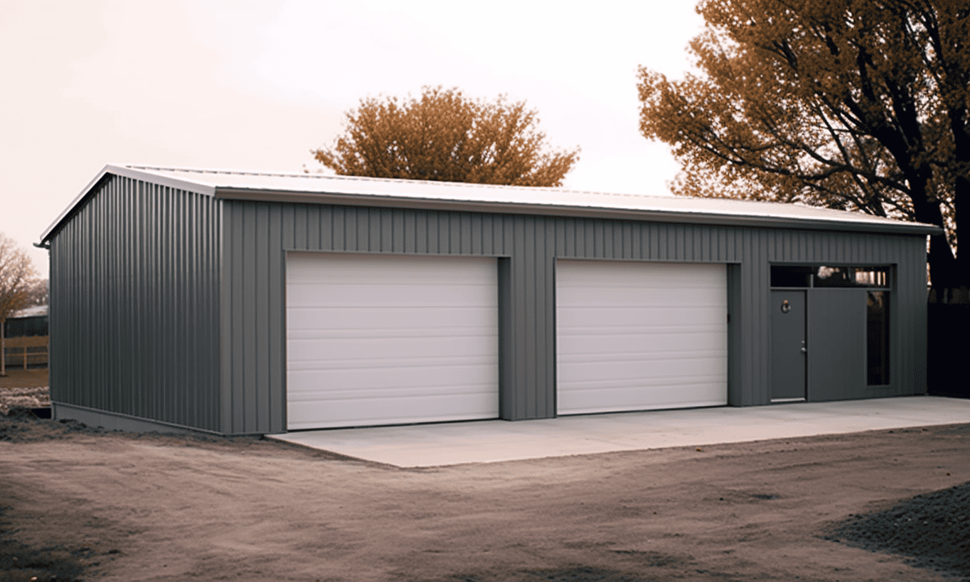 Modern grey steel garage building showcasing sleek design and architecture