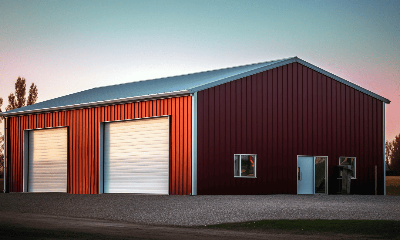 Modern architecturally striking building featuring vibrant red metal siding