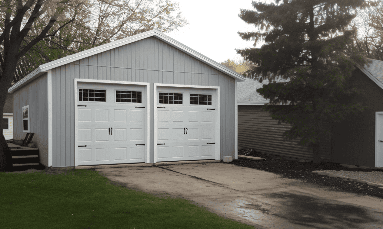 "Spacious steel garage designed for two cars with customizable features"