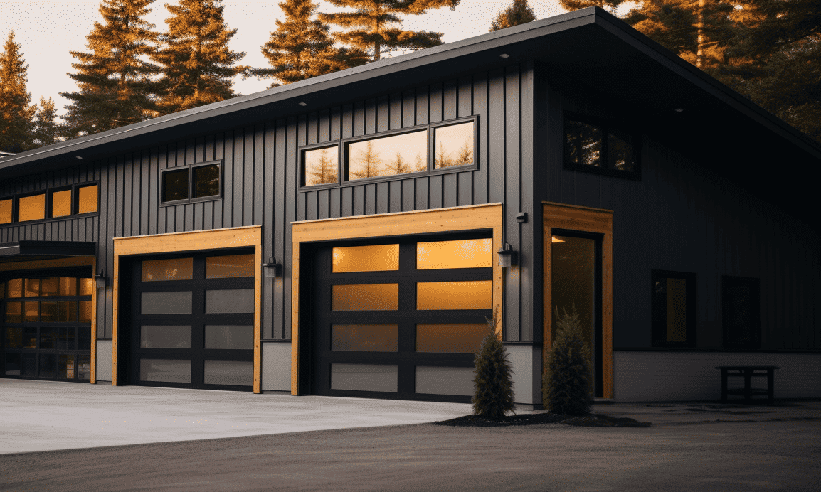 Spacious custom steel garage featuring a practical workshop area for DIY activities.