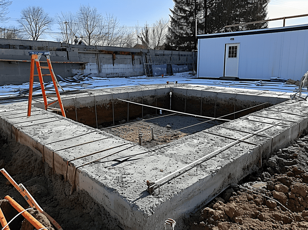 "Workers constructing a sturdy concrete pit in an outdoor work area"