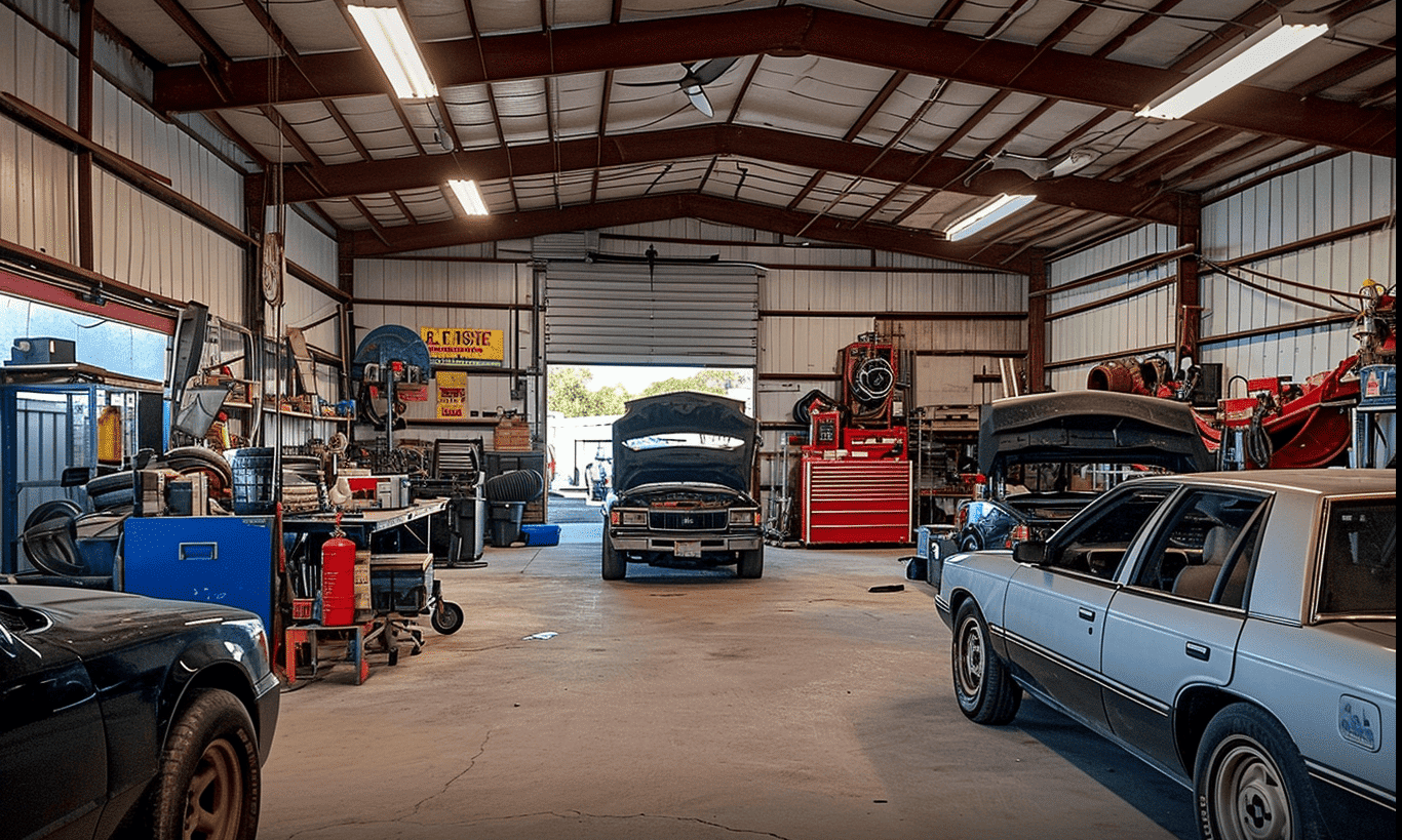 Inside view of Tahaas Automotive Shop with various car parts on display in Kansas.