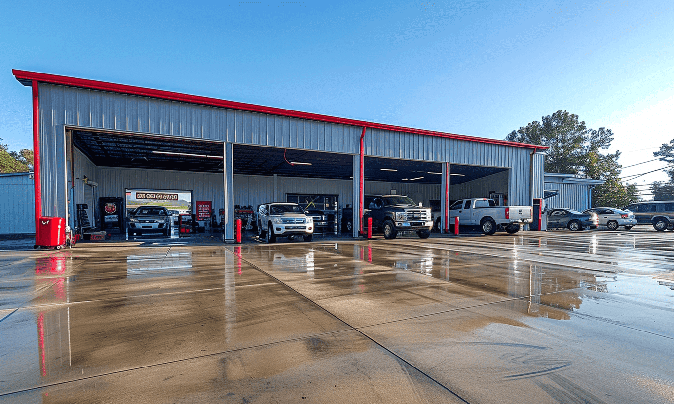 "Auto service store front in busy car-filled parking lot awaiting incoming customers"