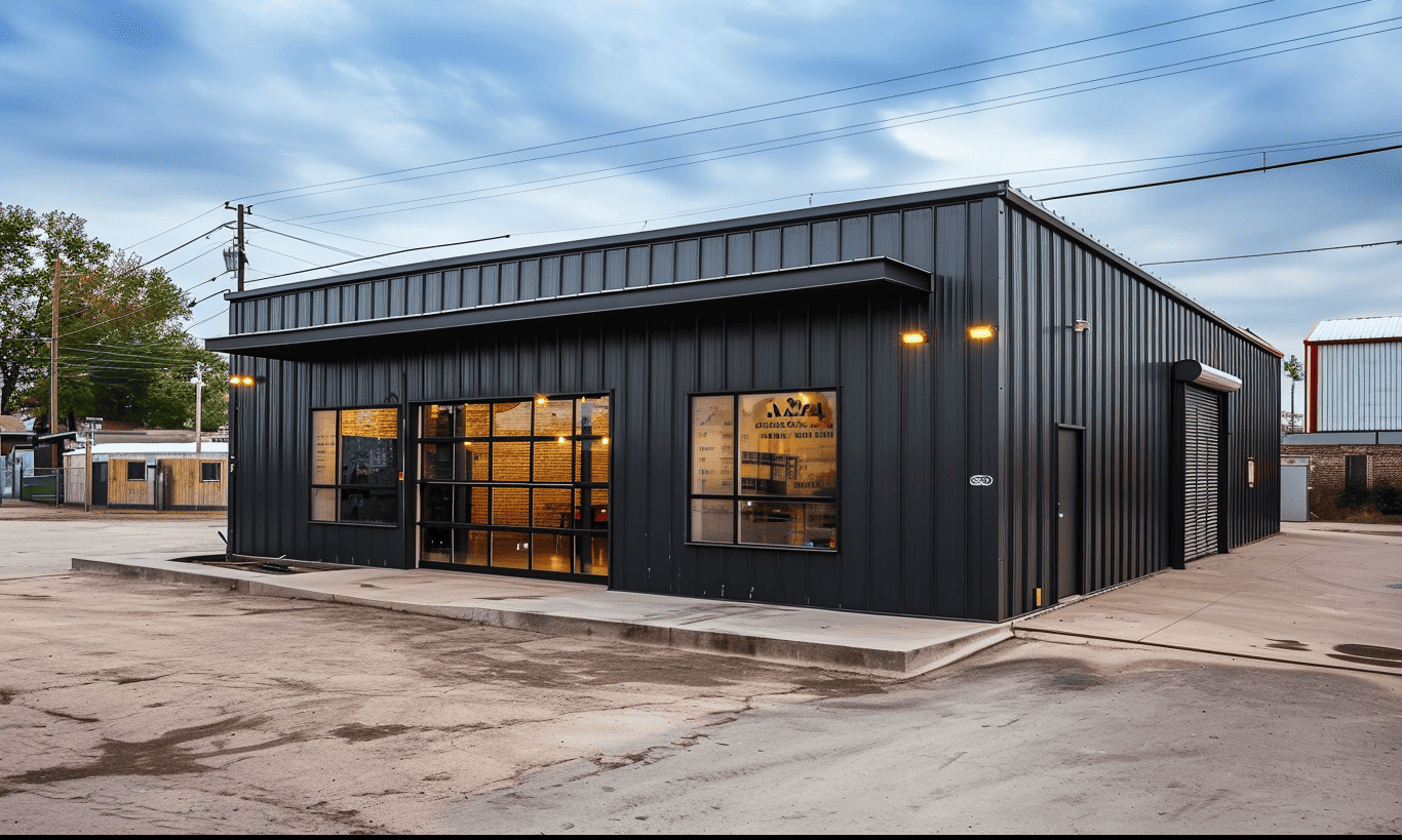 Modern industrial compact steel construction featuring striking black walls