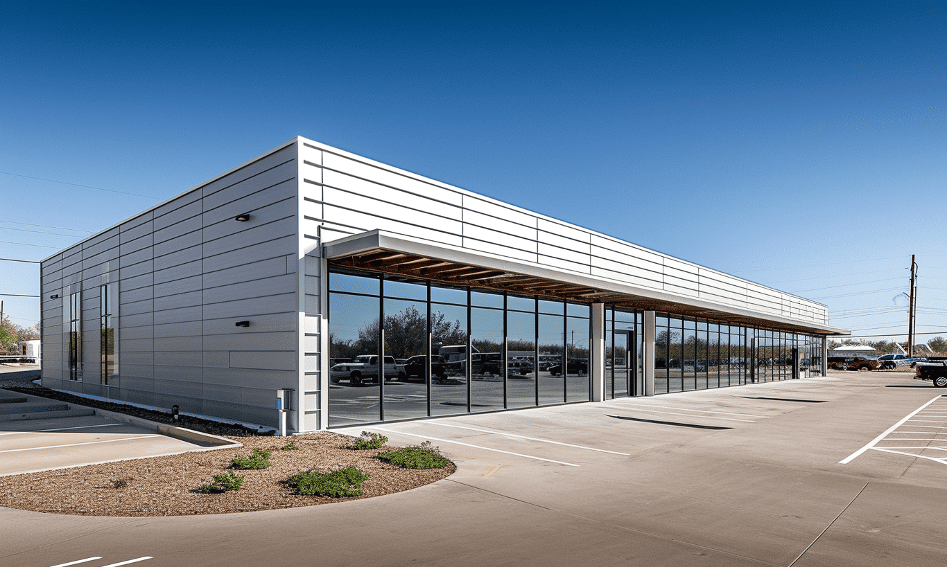 "Empty commercial building with deserted parking lot, symbolizing a closed business"