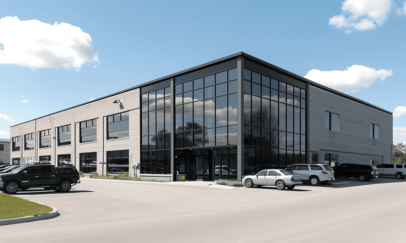 Grand building design featuring large windows and four parked cars outside.