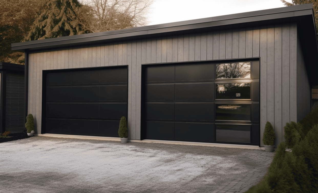 State-of-the-art Garage Featuring Dual Black Doors with Adjoining Gravel Lot