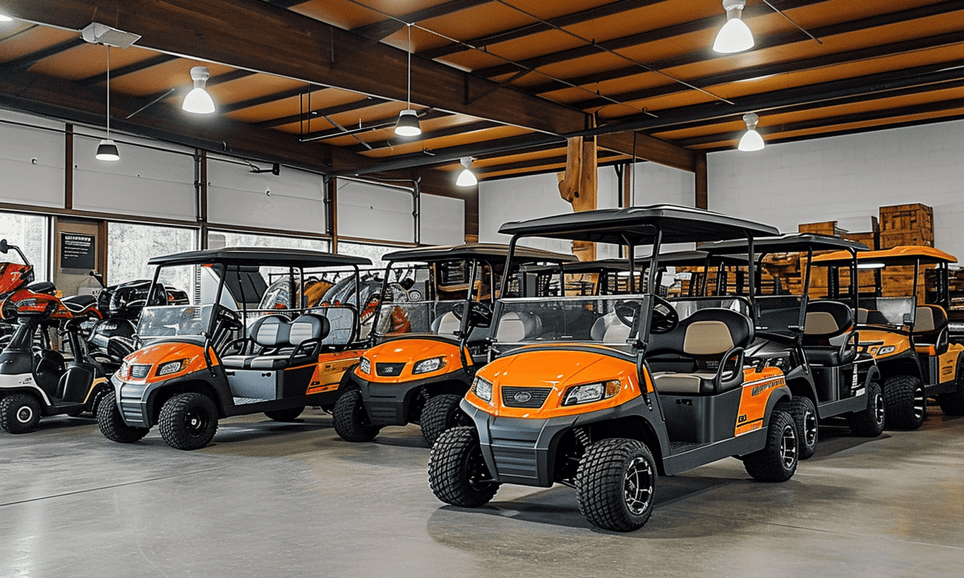 Showroom interior with variety of new golf carts on display for sale