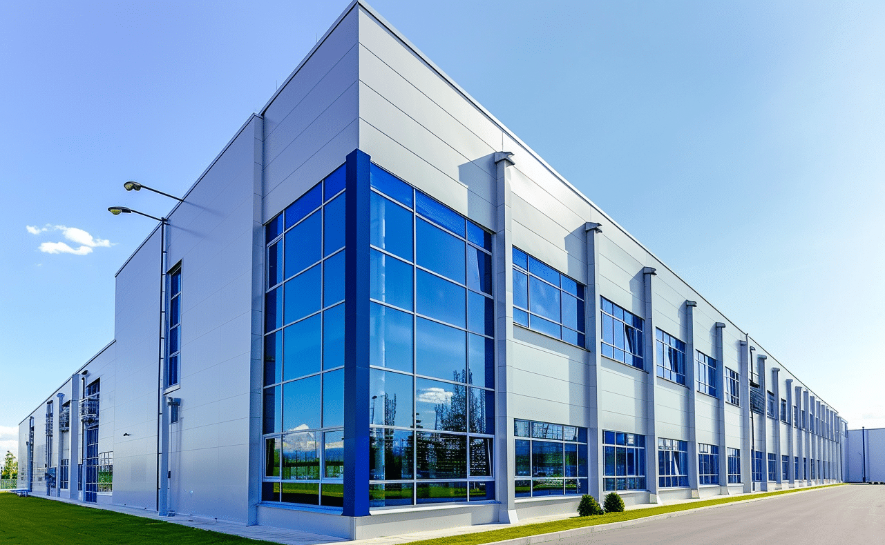 "Modern industrial building with striking blue windows reflecting the bright sky"