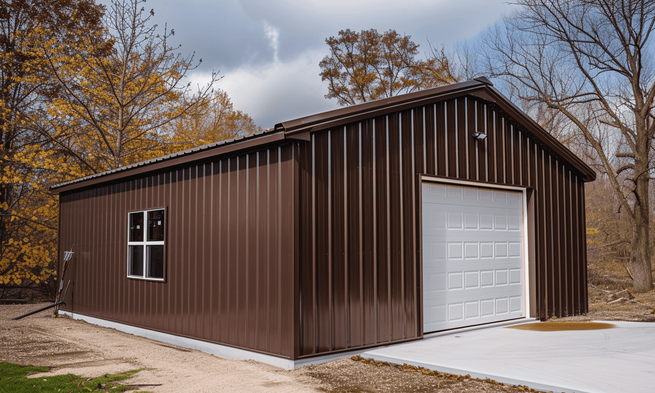 Vintage brown metal garage with side window in a rural setting.