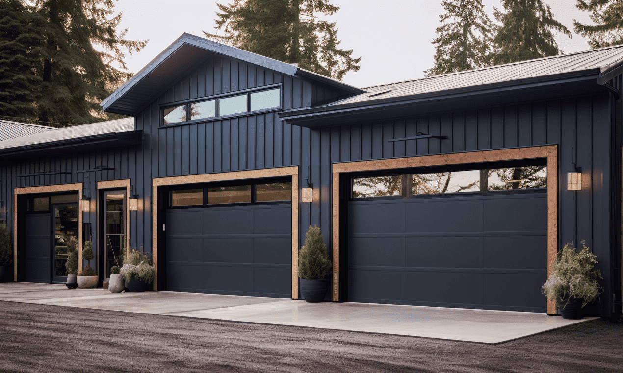 Spacious garage with big windows and stylish black doors, perfect for storage and workspaces.