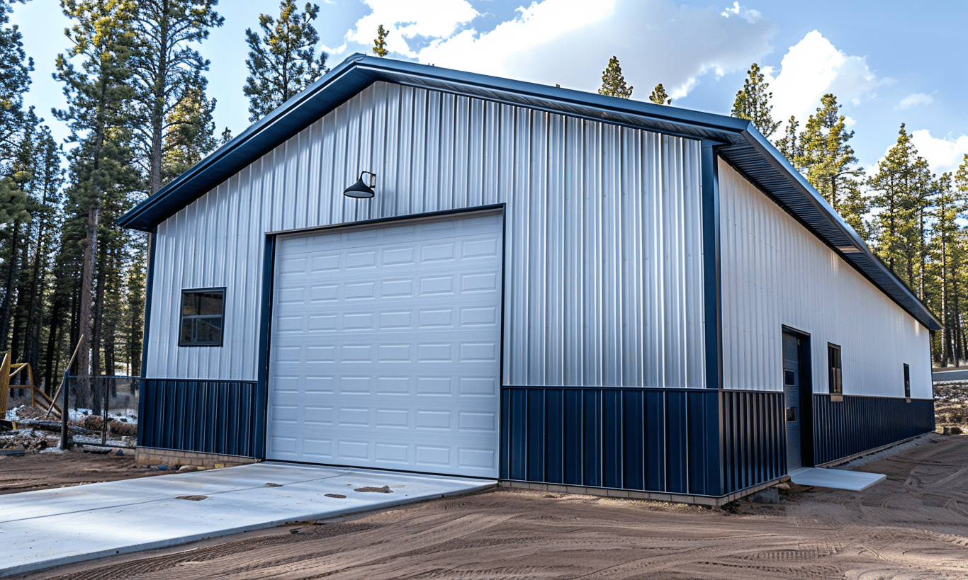 Navy blue metal garage exterior.