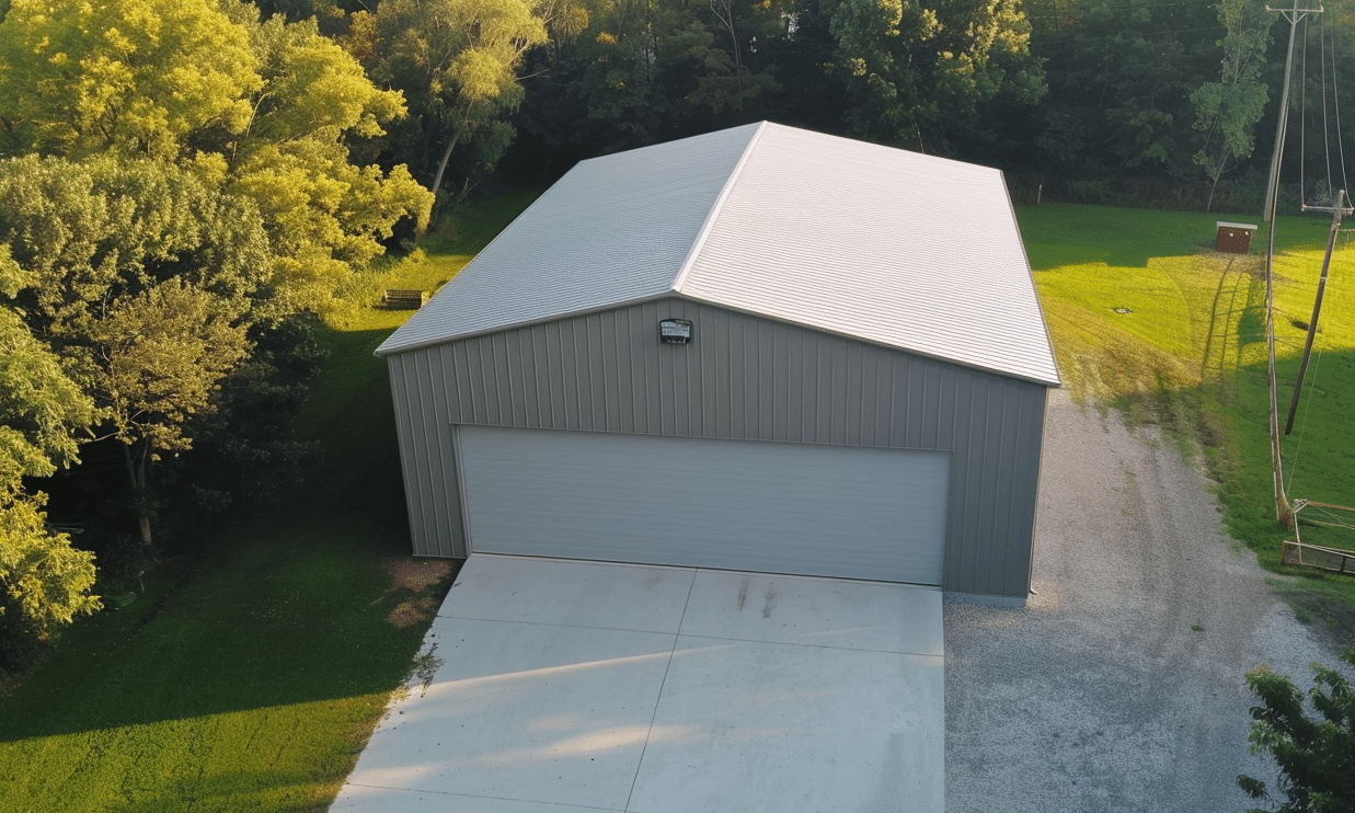 Aerial view of steel garage kits in British Columbia surrounded by greenery highlighting their durability and spacious design.