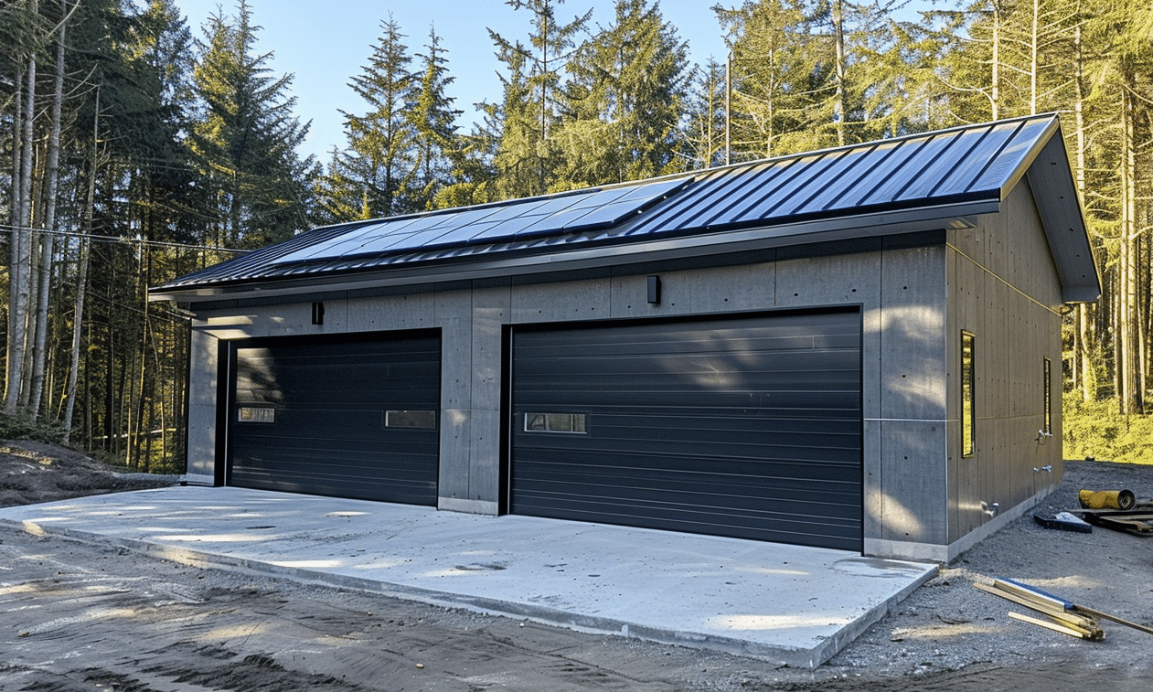 Industrial steel buildings in BC featuring massive black rollers in construction site background showcasing modern architecture