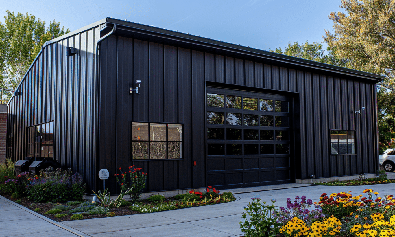 Black metal Ontario steel garage kits with modern design and customizable features. Ideal for durable and stylish storage solutions.