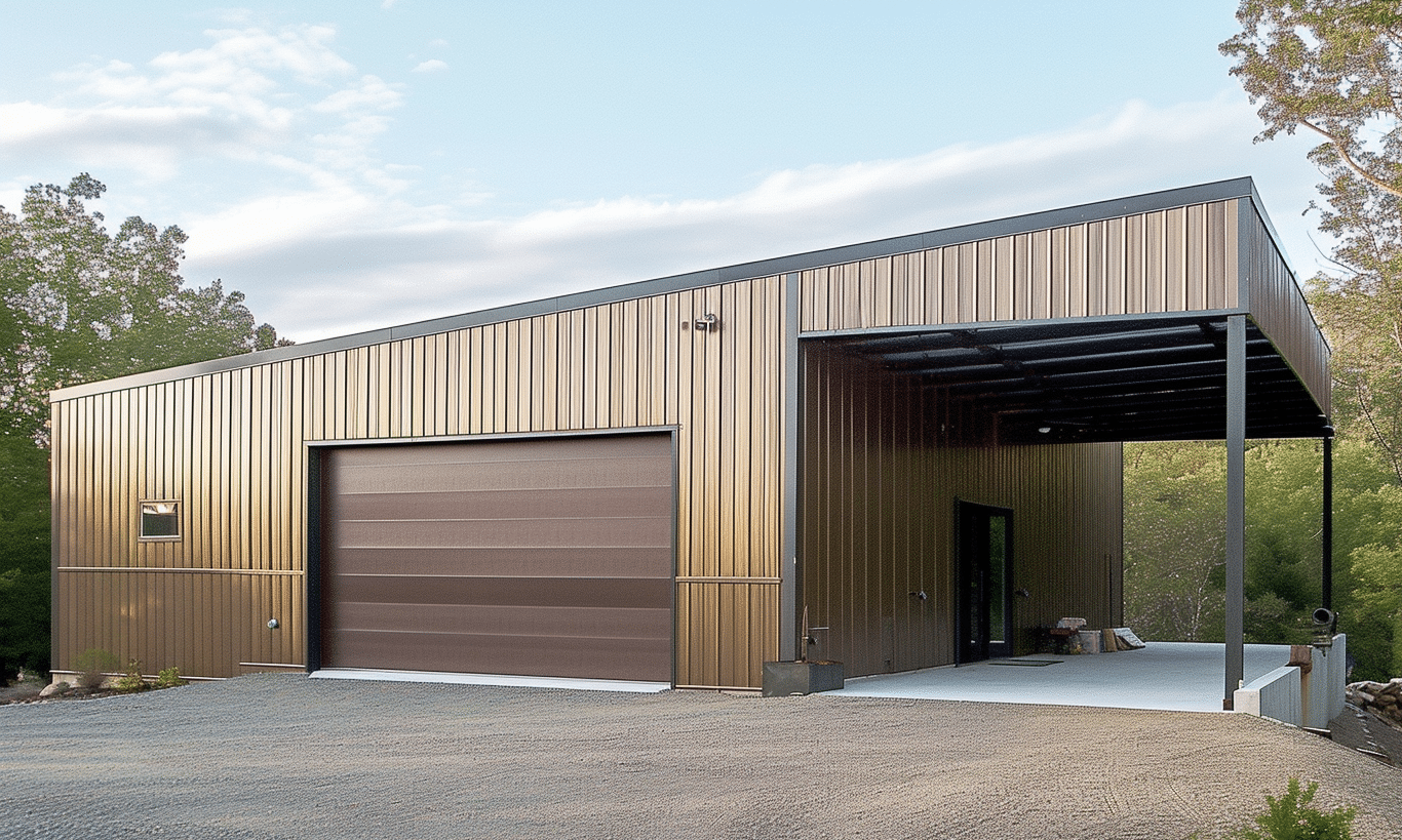 Steel garage kit with white garage door and blue siding in Ontario. Durable pre-fabricated structure for residential use.