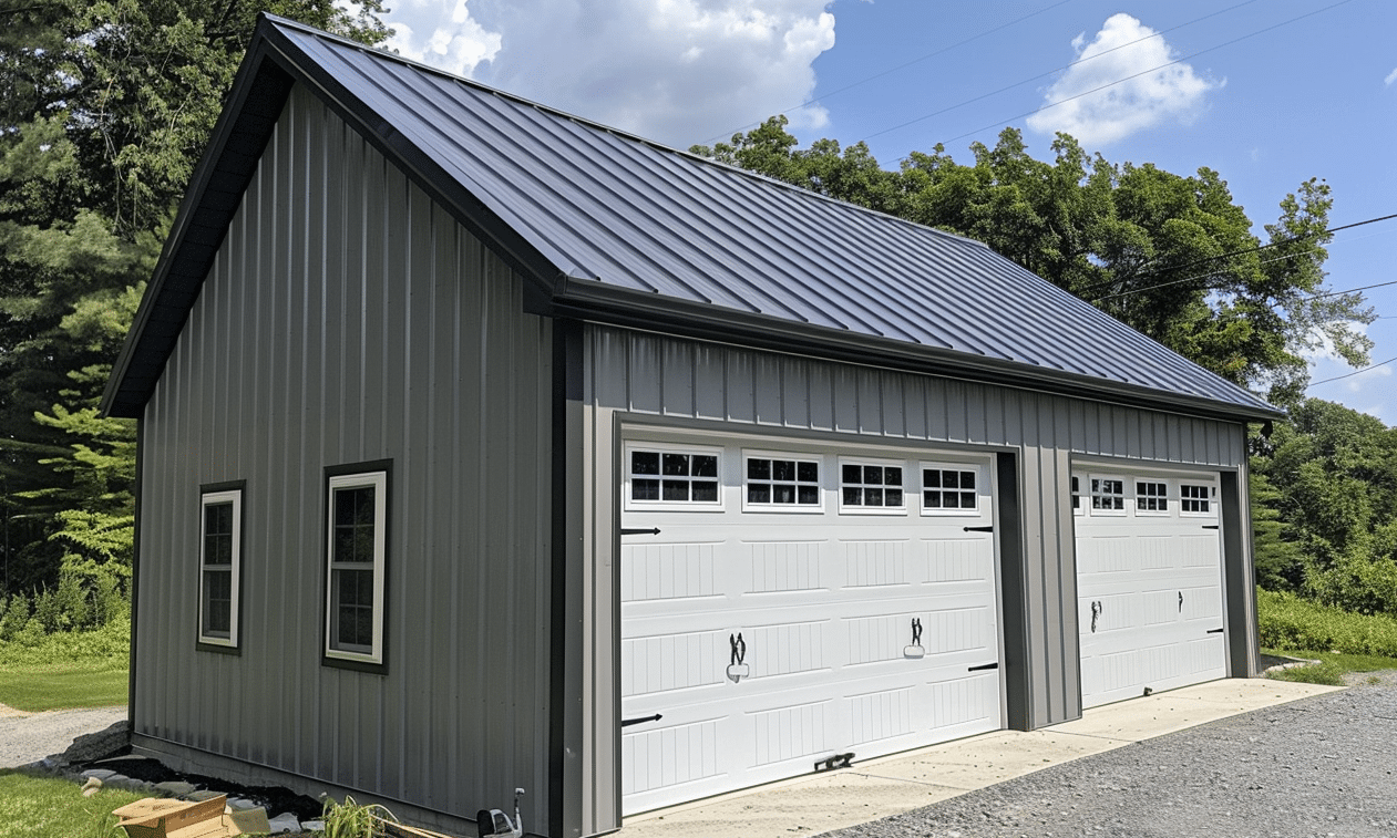 Ontario steel garage kit with gray walls in a backyard setting providing durable and stylish storage solutions.