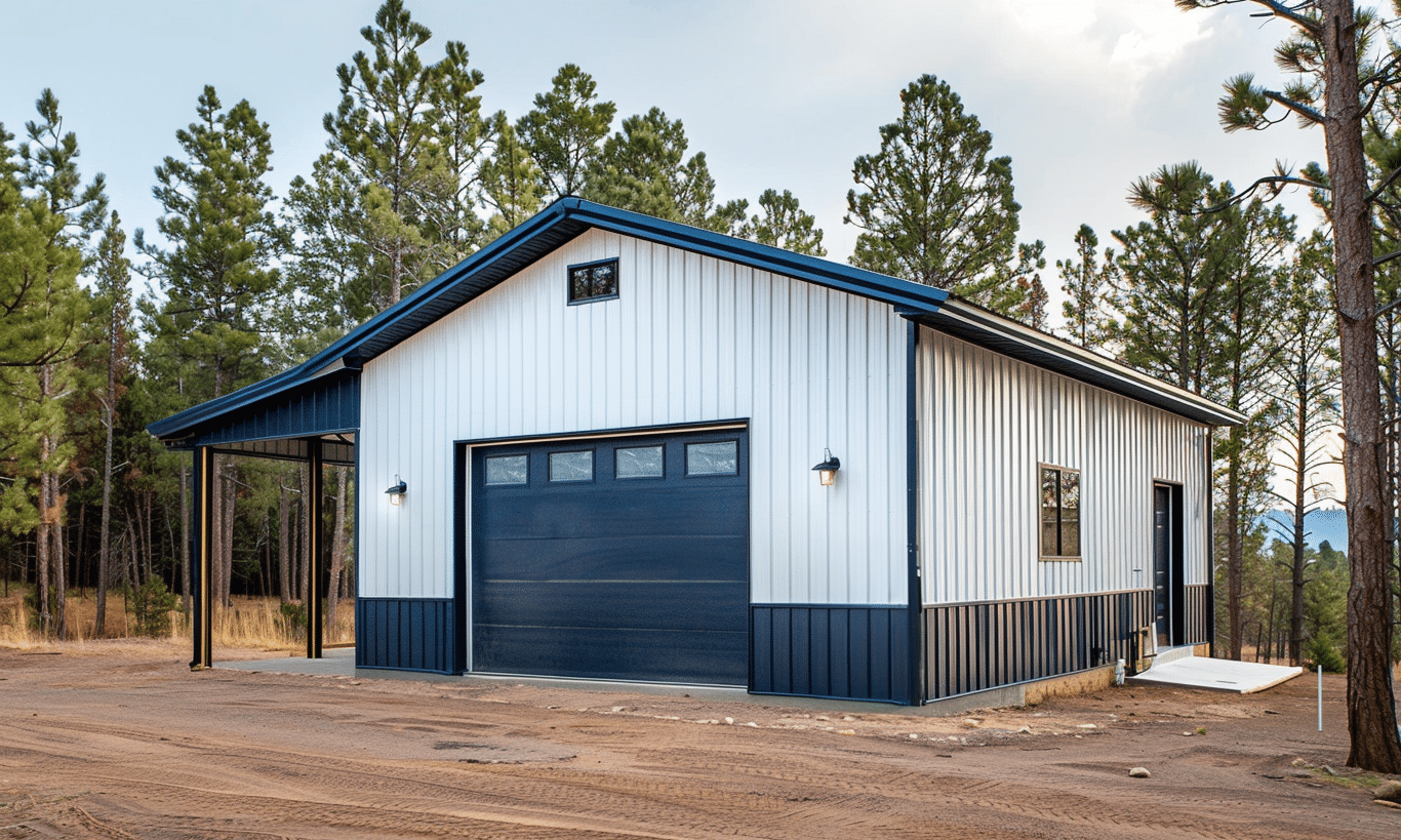 Steel garage kit in Ontario with white and navy blue metal building, showcasing durable construction and modern design.