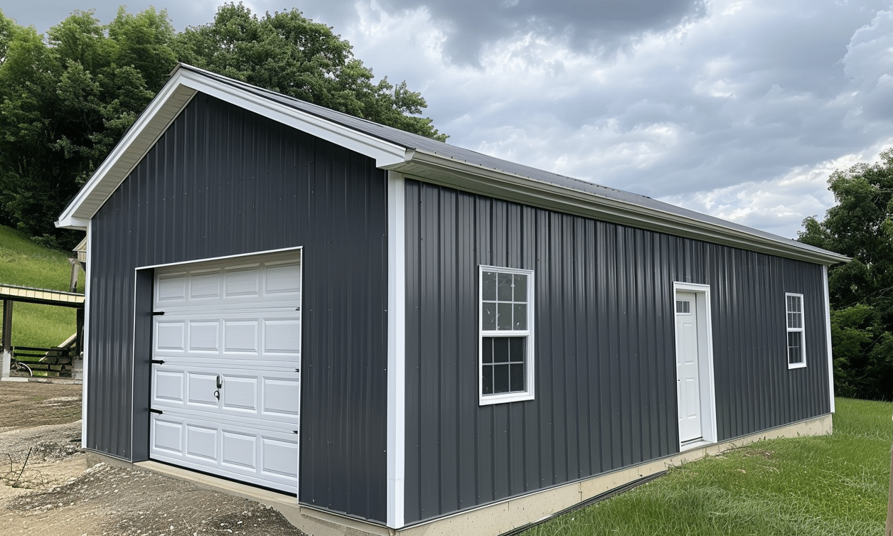 Ontario steel garage kit with white trim, durable and stylish metal building solution, perfect for residential and commercial uses