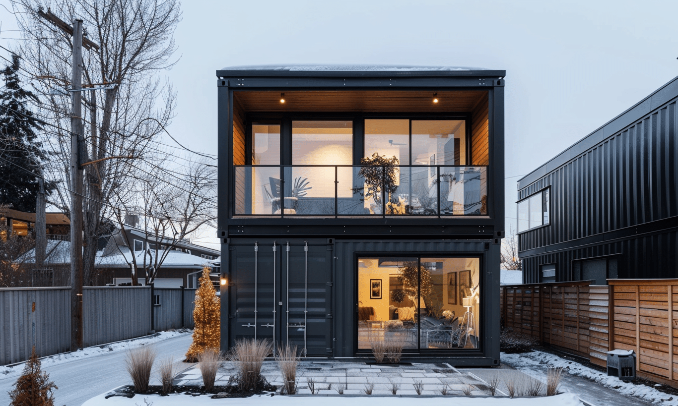 Two modern shipping container homes in a duplex style, showcasing Ontario architecture with sustainable and eco-friendly design.