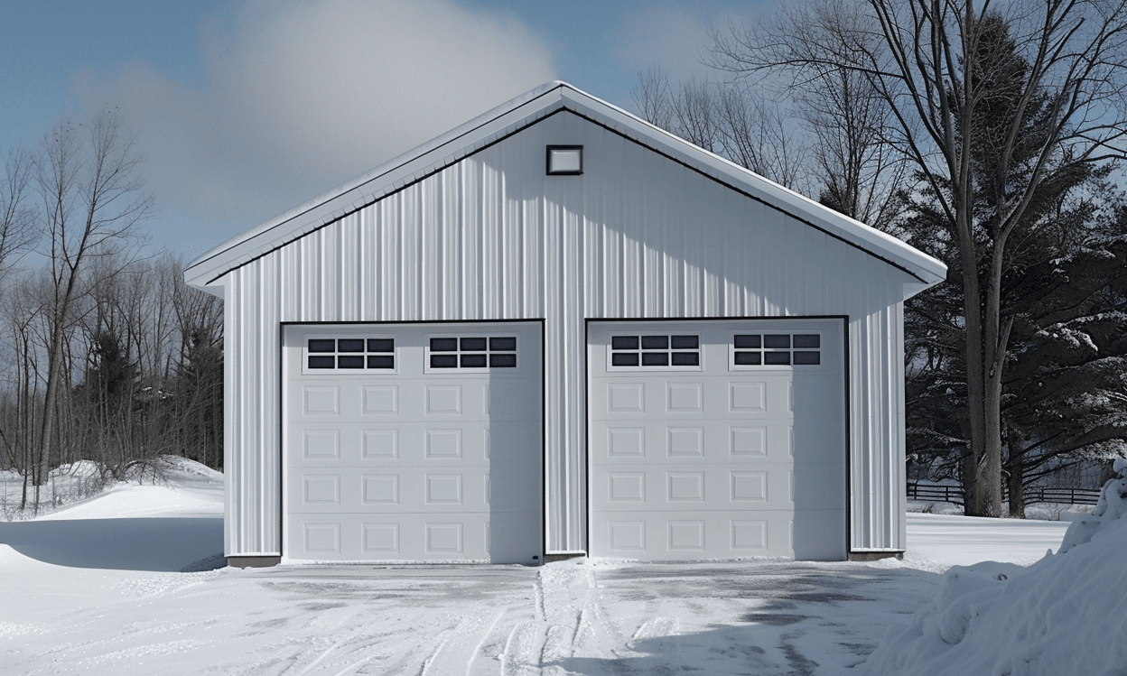 Ontario two car garage with double doors and white steel roof in sunny neighborhood.