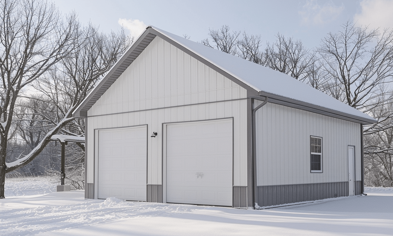 Two car garage in Ontario with grey sidings and a white roof on a sunny day