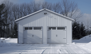 Ontario double door garage with white steel roof and walls. Durable, weather-resistant structure perfect for storage and vehicles.