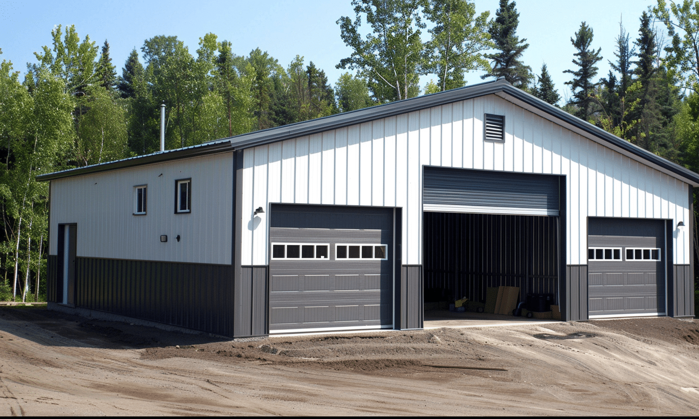 Alt text: White and dark grey garage doors in Ontario home showcasing modern, stylish exterior design and durability.