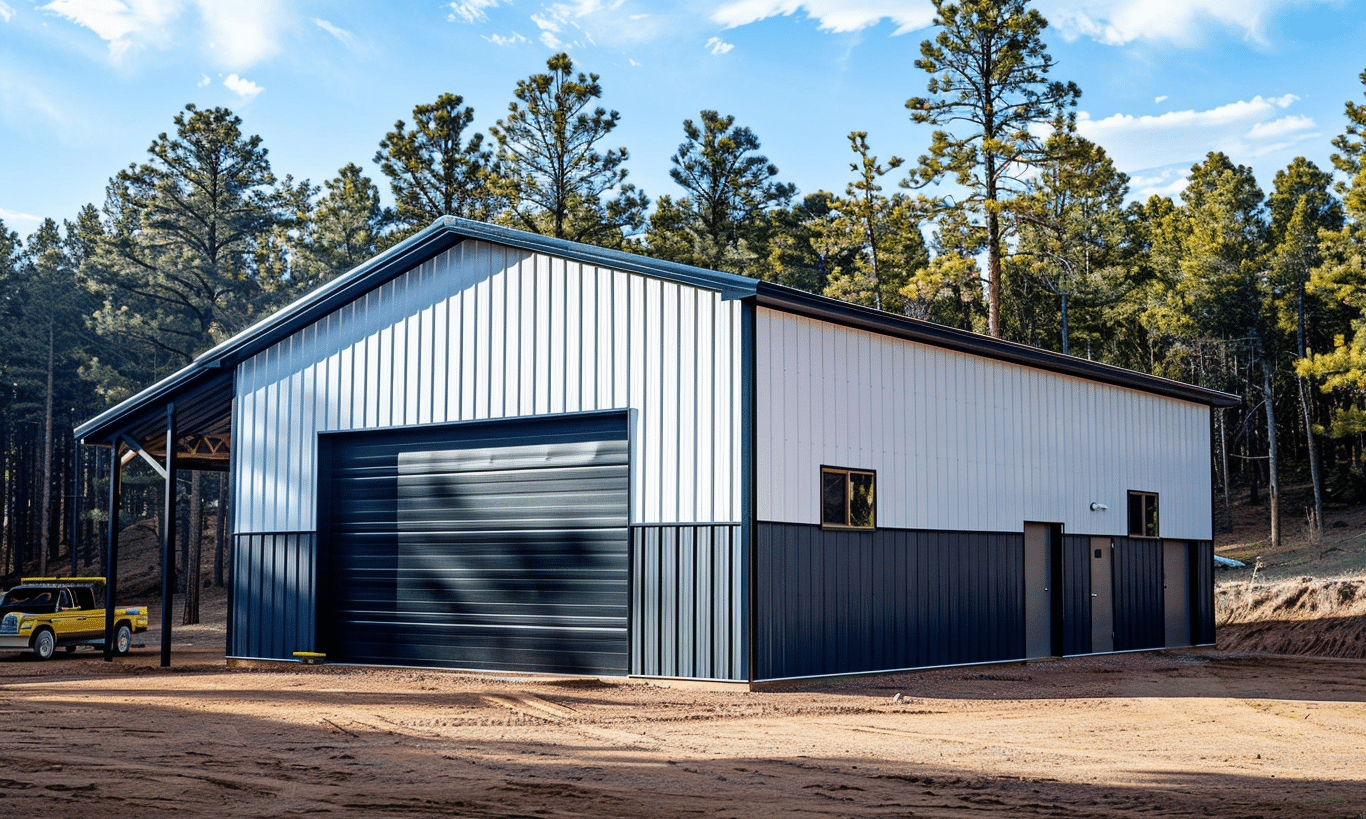 Ontario white and navy blue metal building with modern architectural design surrounded by greenery and a clear sky.