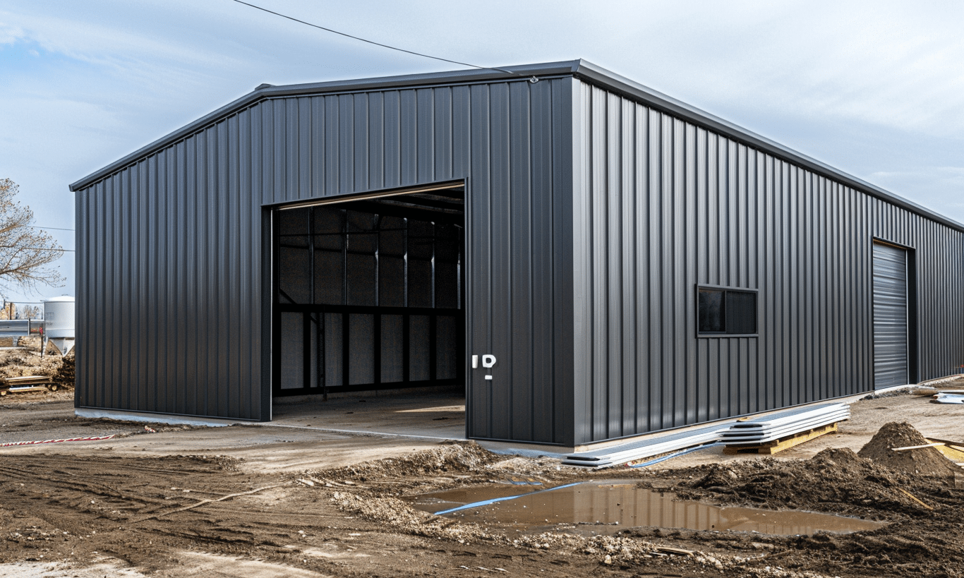 Dark grey steel buildings in a small town in Ontario with a backdrop of clear skies and minimalistic design.