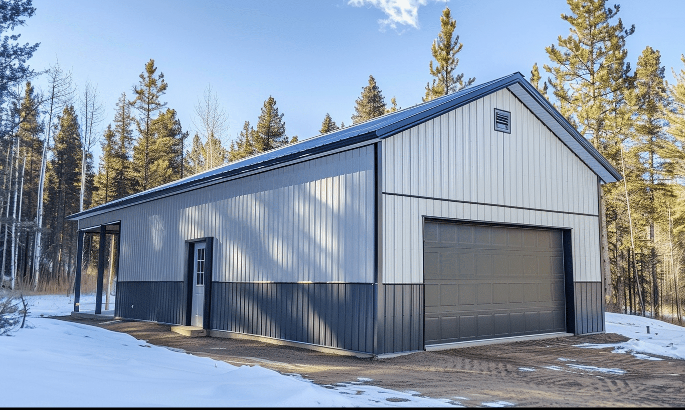 Modern Ontario steel building with vibrant colors against a clear sky showcasing contemporary architecture and durable construction.