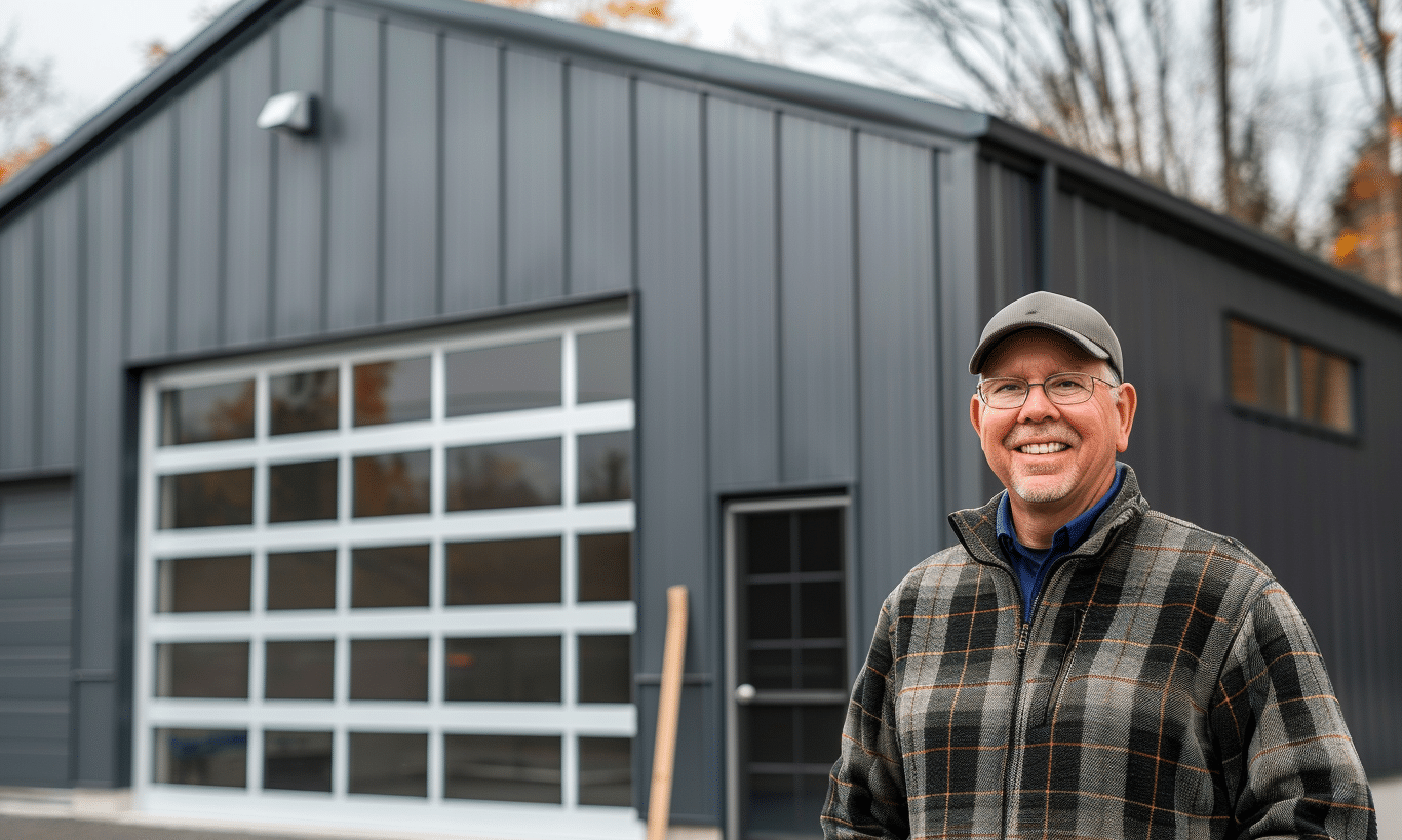 Ontario resident proudly standing in front of a new steel garage kit home during sunny day