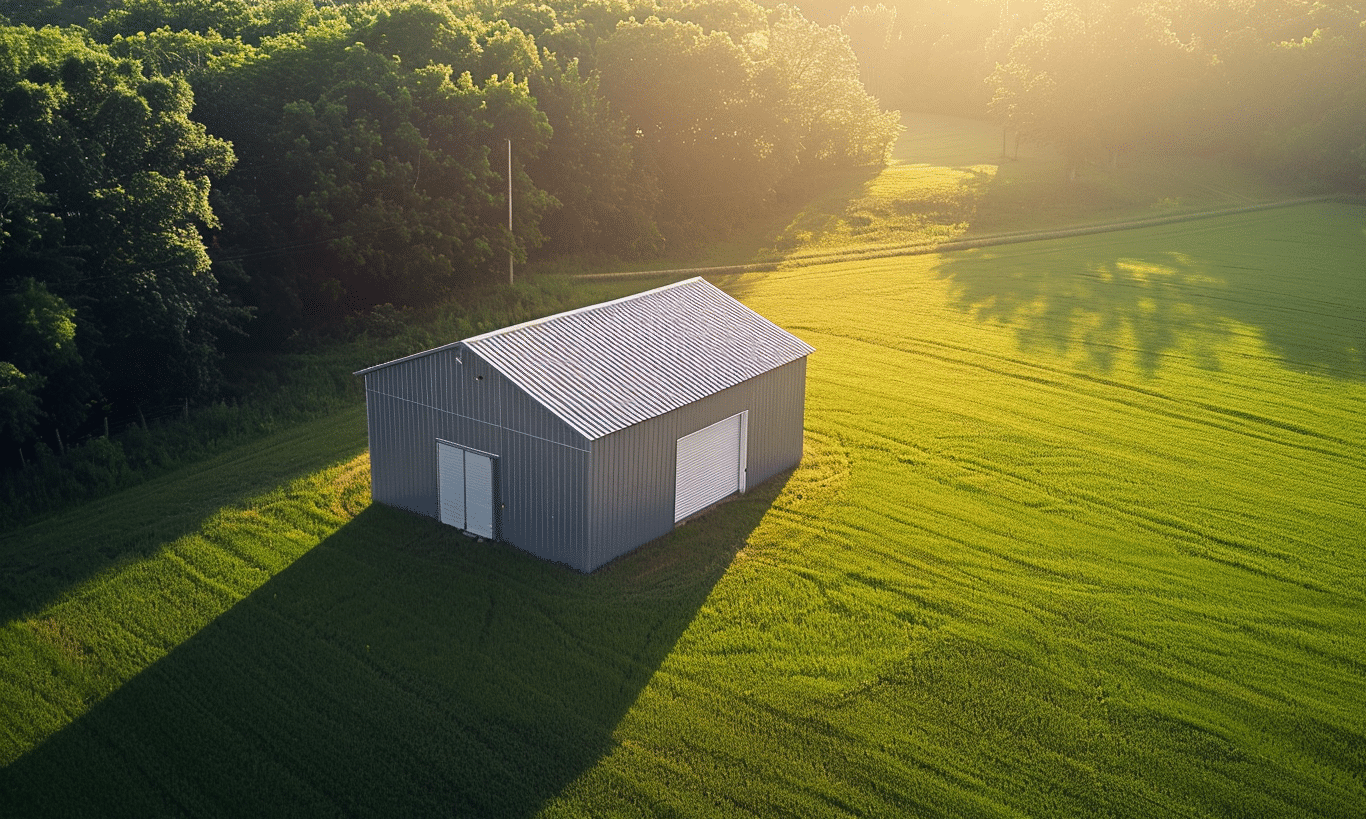 Isolated steel garage kit and modern barn in Ontario: sleek design, durable construction, and versatile use in rural settings.