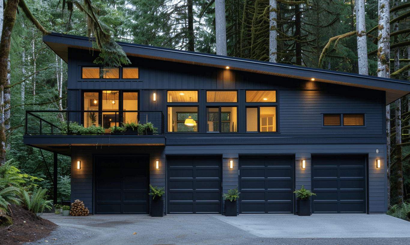 Modern grey garage in Ontario with sleek design and contemporary features, emphasizing clean lines and stylish architecture.