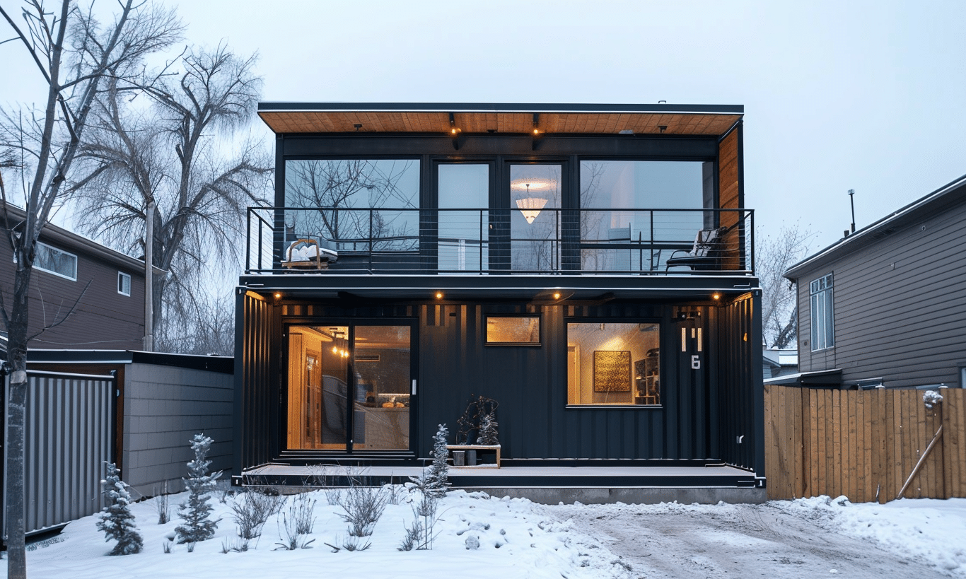 Shipping container home in Ontario showcasing sustainable living and eco-friendly design with modern architecture.