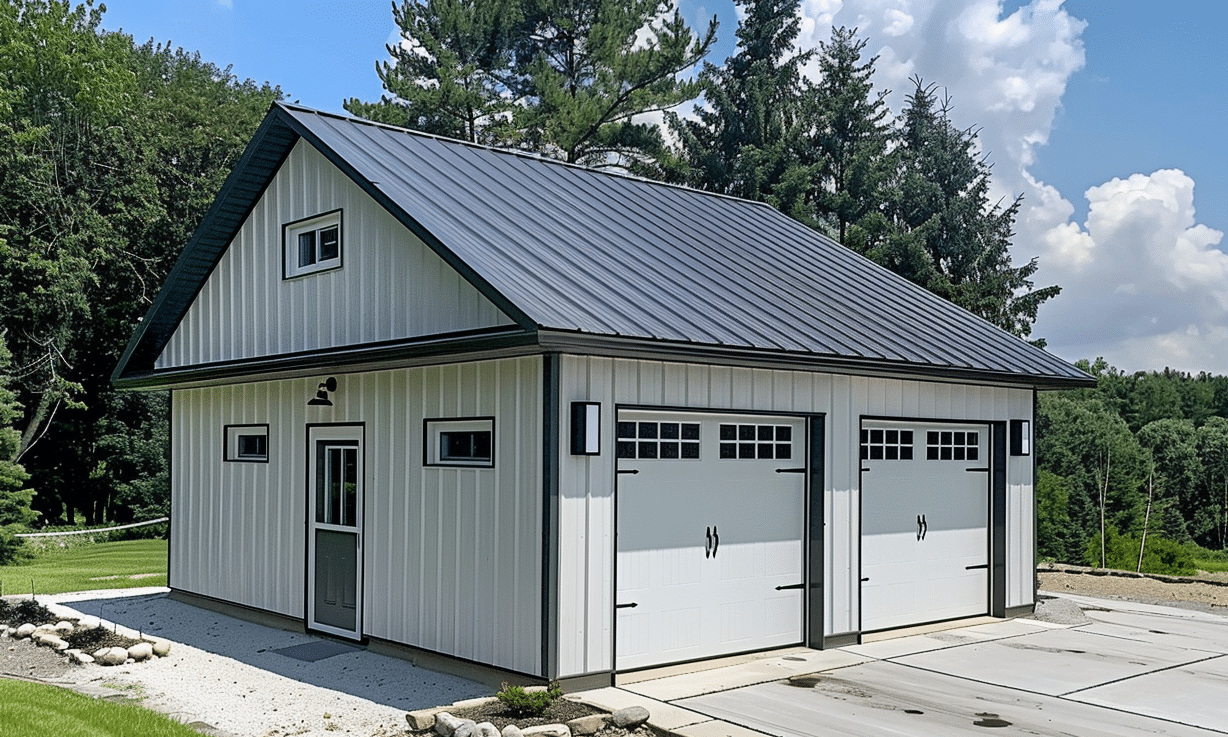 White garage doors with gray metal roof in an Ontario home, showcasing modern exterior design and durable roofing materials.