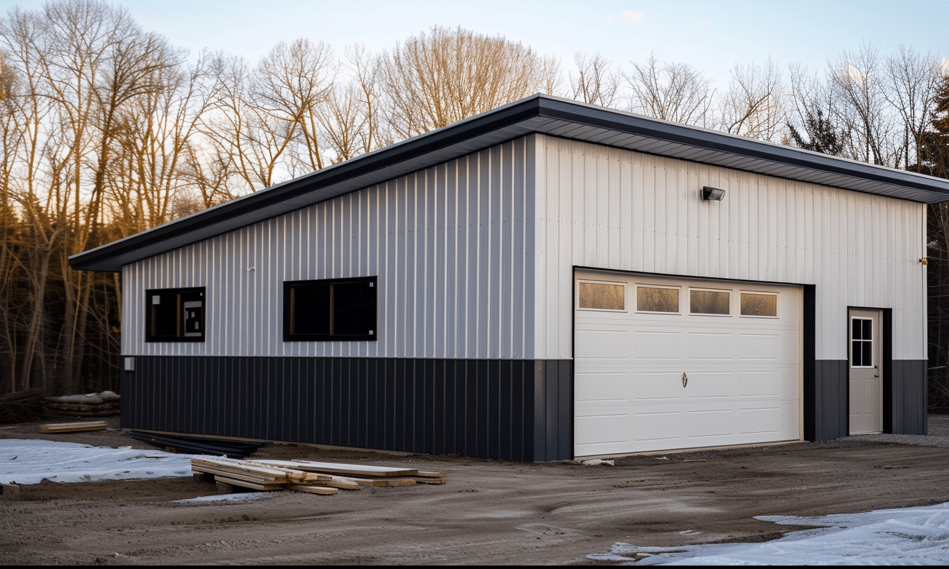 White steel frame garage in Ontario surrounded by snow, showcasing modern construction and durable design for Canadian winters.