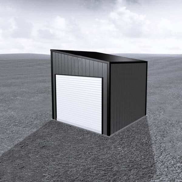 12x12 metal shed with double doors, gray exterior, and a pitched roof, ideal for garden storage or backyard equipment organization