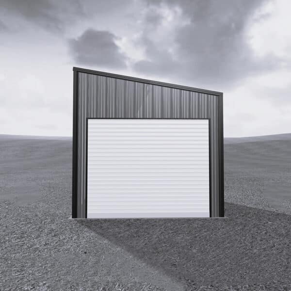 Outdoor 12x12 metal shed with double doors and a slanted roof, suitable for garden storage and durable under various weather conditions.