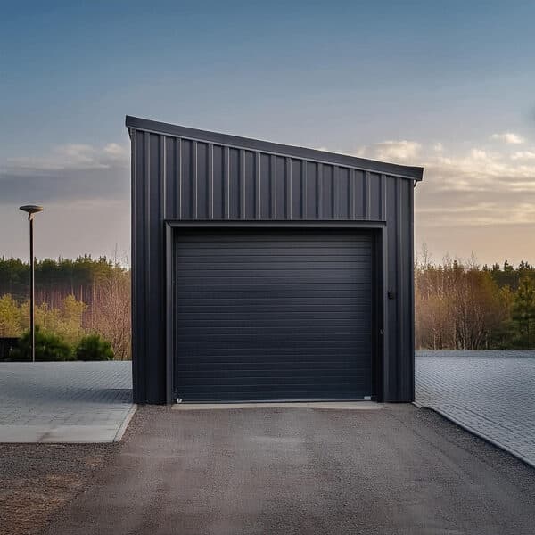 Alt text: 12x12 metal shed with double doors and a sloped roof in a backyard setting