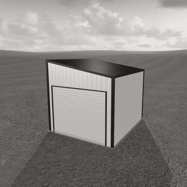 Alt text: Large 12x14 metal shed with double doors, suitable for storage or workshop, in a backyard setting.