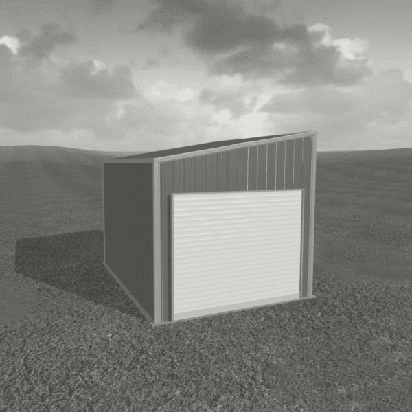 Metal shed 12x16 in backyard with double doors and a sloped roof, suitable for storage or garden tools.