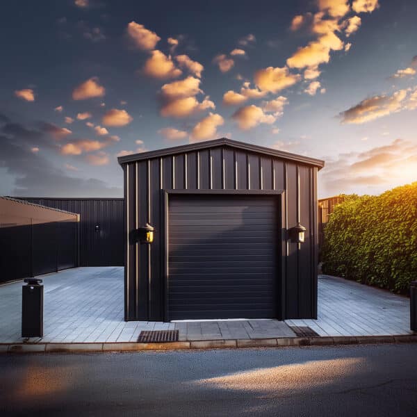 12x20 metal shed in backyard with double doors and windows, ideal for storage or workshop. Durable and weather-resistant steel construction.