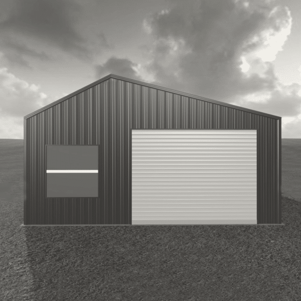 Large 20x40 metal shed with three entrances, ideal for storage and workspace. Durable structure with galvanized steel.