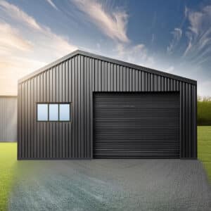 Metal shed measuring 20x40 feet with blue walls and a white roof, showcasing a robust storage solution for outdoor equipment.