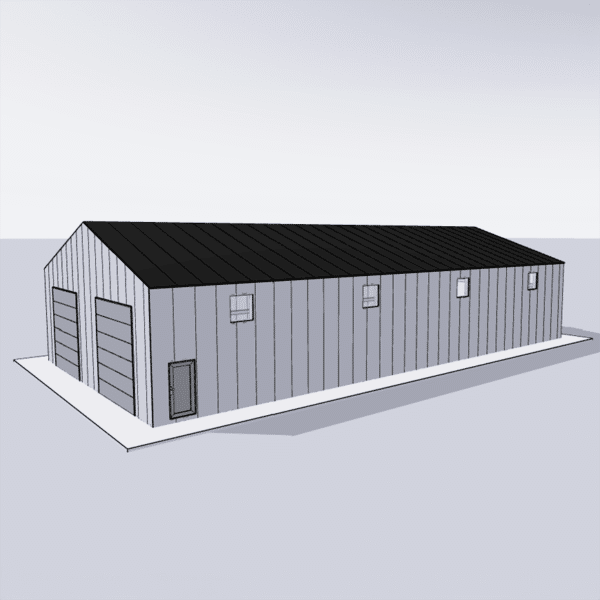 Steel building kit measuring 40x80 feet, ideal for warehouses, workshops, and agricultural storage solutions.