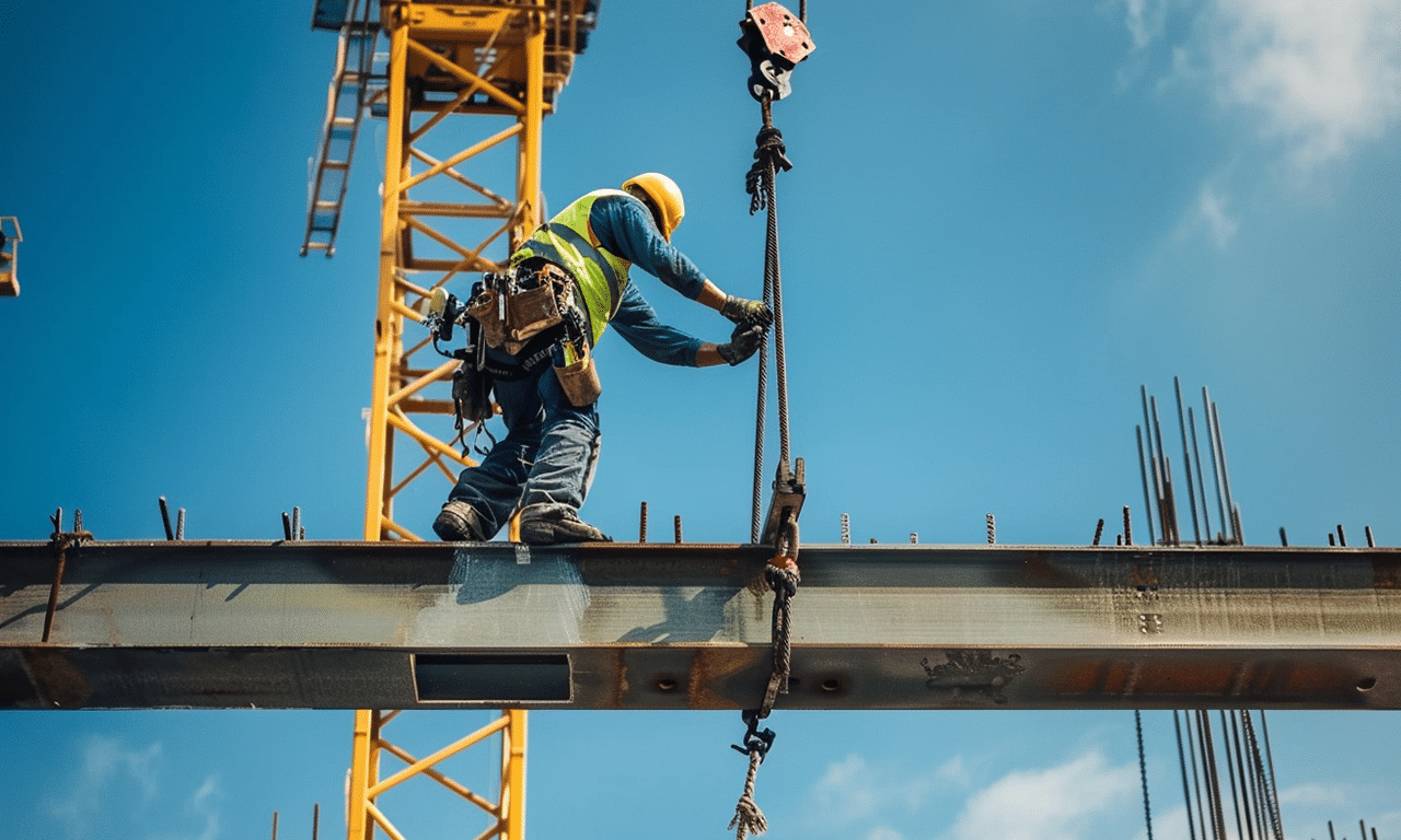 Construction worker performing tasks on a steel beam at a job site, showcasing safety equipment and construction activity.