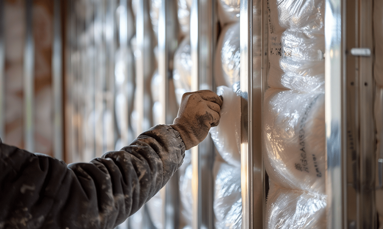 Close-up of hands installing fiberglass insulation between steel frames for effective thermal insulation.