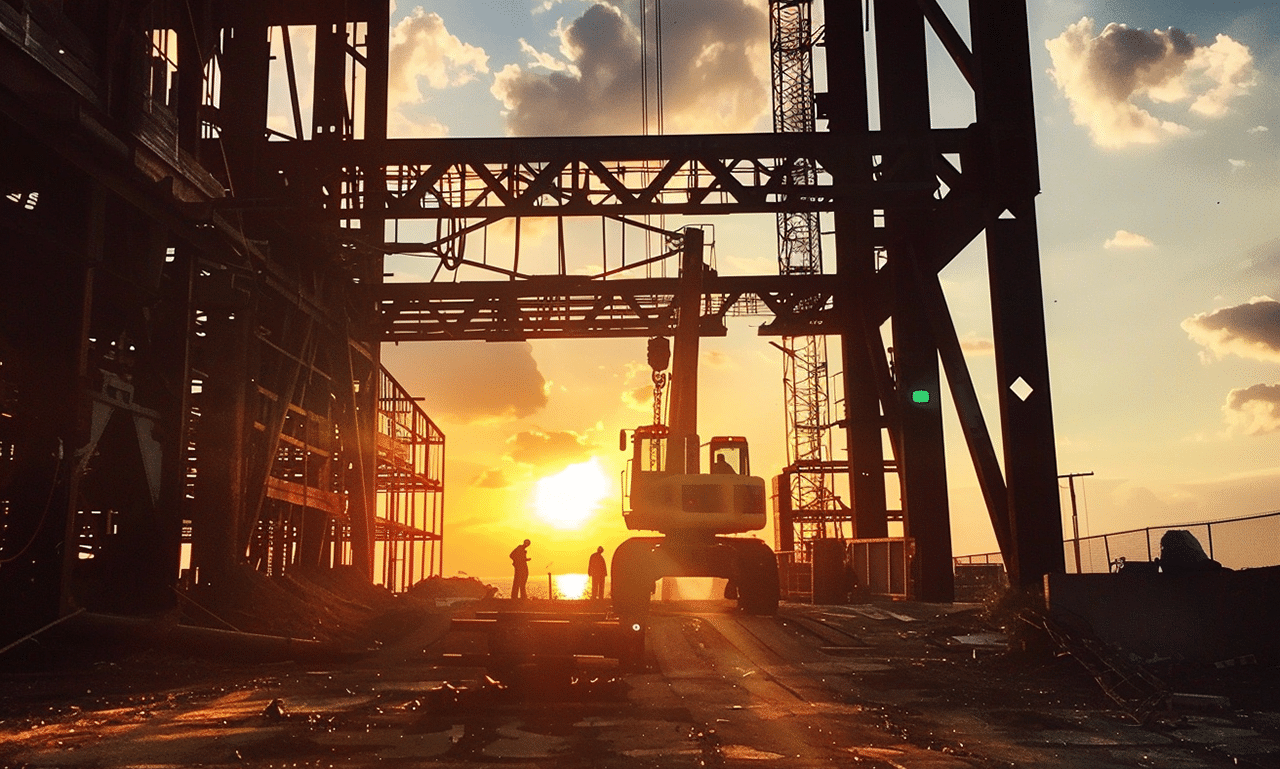 Outdoor industrial yard showcasing vibrant lighting and steel building construction in progress during twilight.